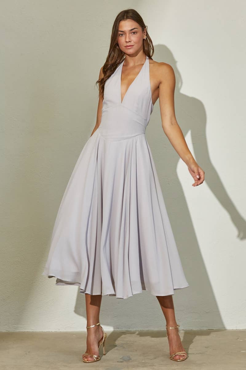 Plunge Neckline Halter Flare Chiffon Midi Dress