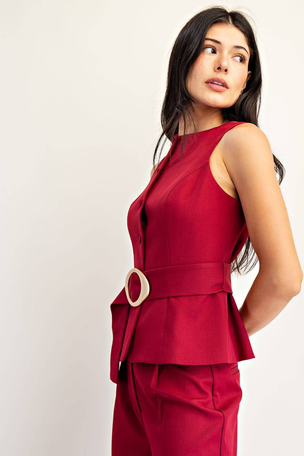 Sleeveless Belted Button Detail Woven Vest
