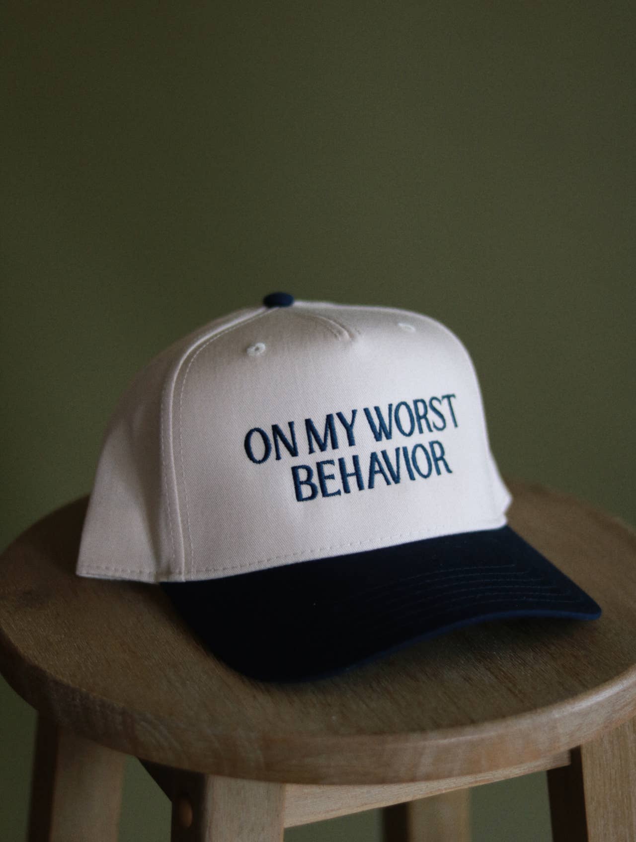 Electric Label On My Worst Behavior Hat Navy and Cream