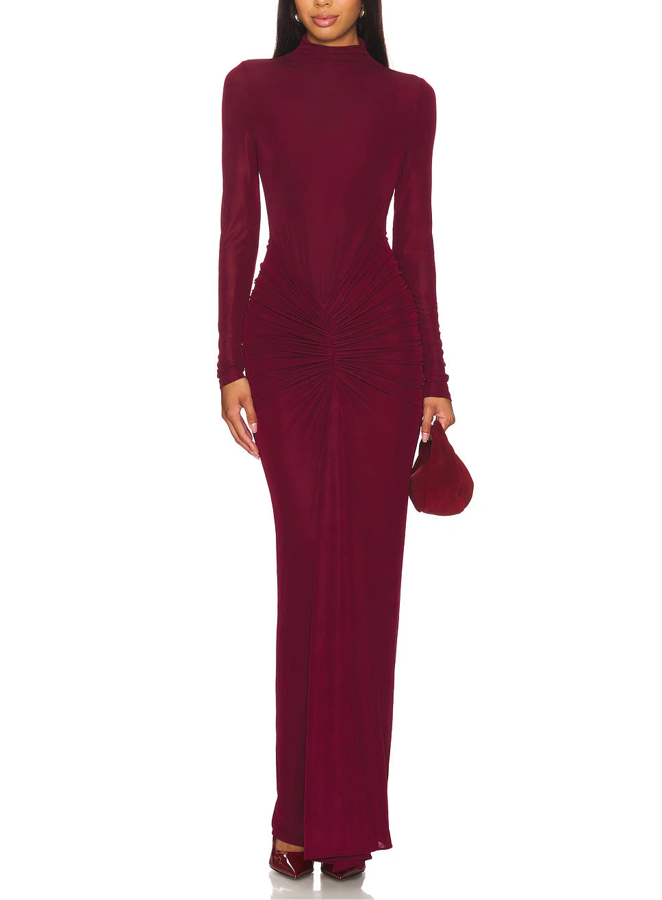 BLACK HIGH-NECK LONG SLEEVE KNOT MAXI DRESS