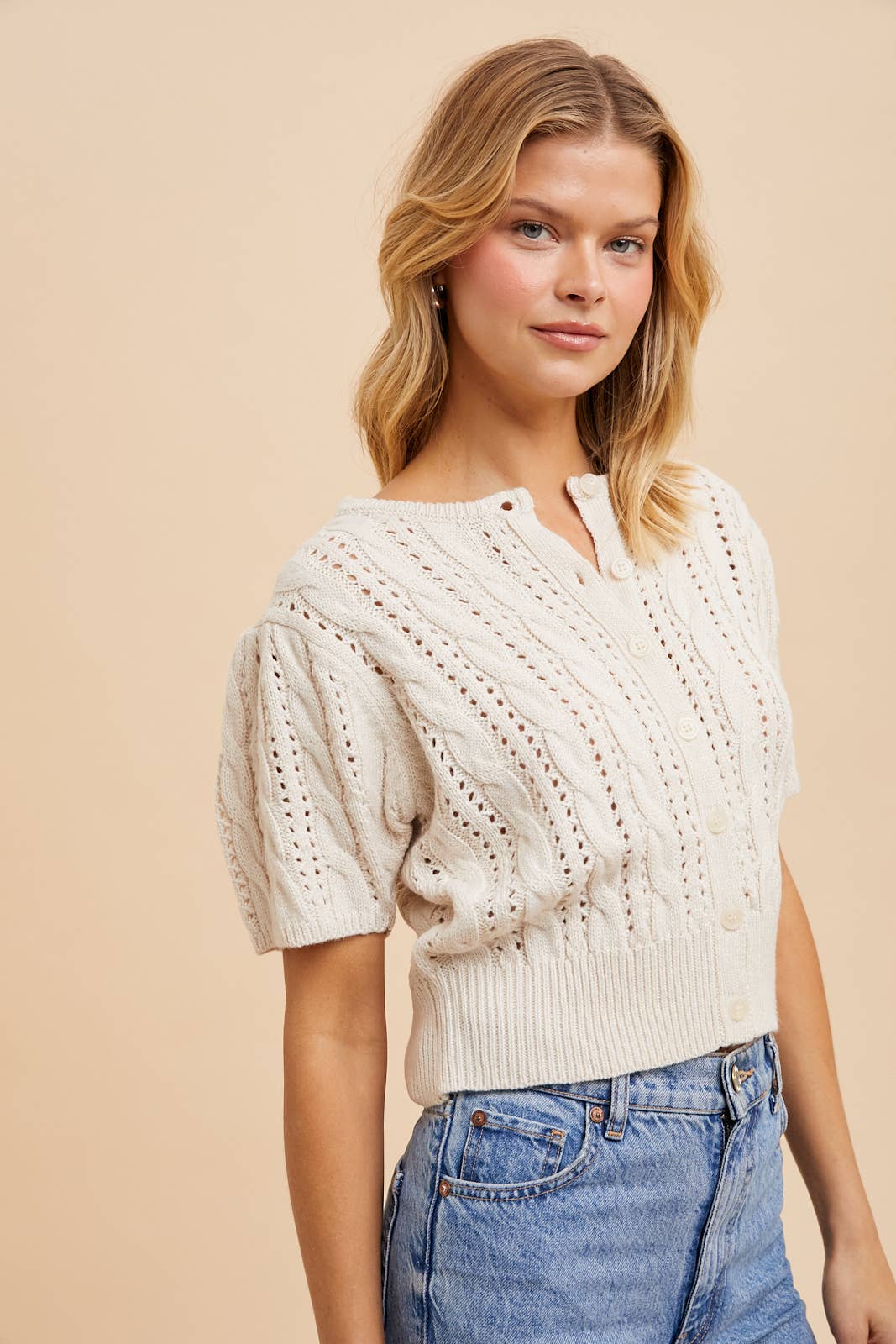 CABLE KNIT PUFF SLEEVE CARDIGAN