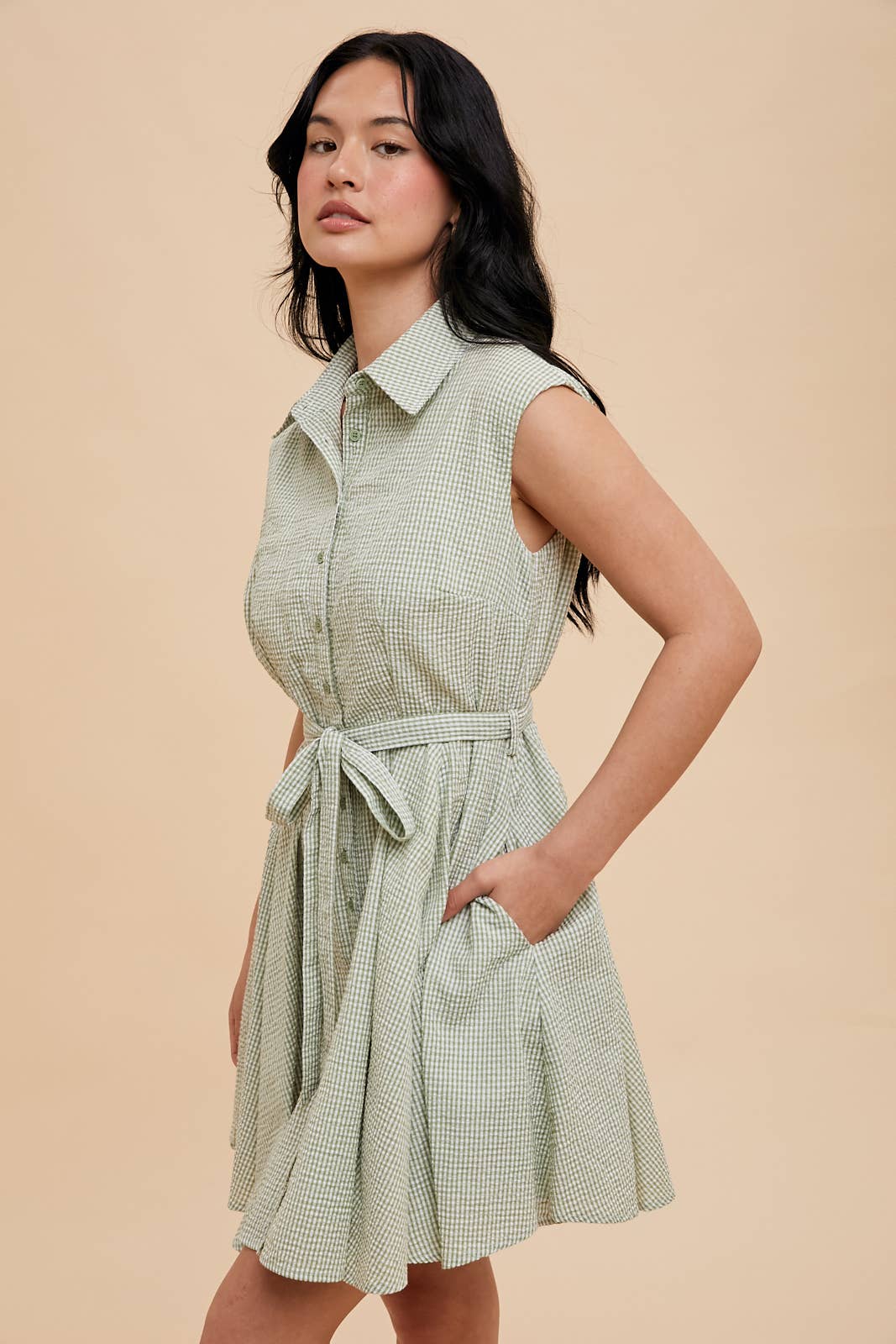 SEERSUCKER SLEEVELESS LAPEL MINI DRESS