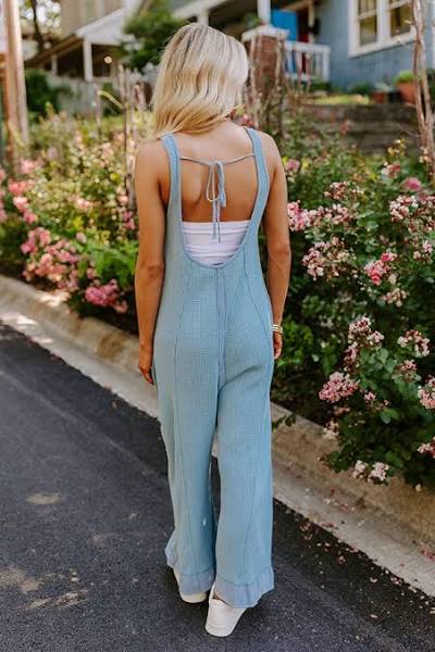 So Me Thermal Waffle Wide Leg Blue Overalls
