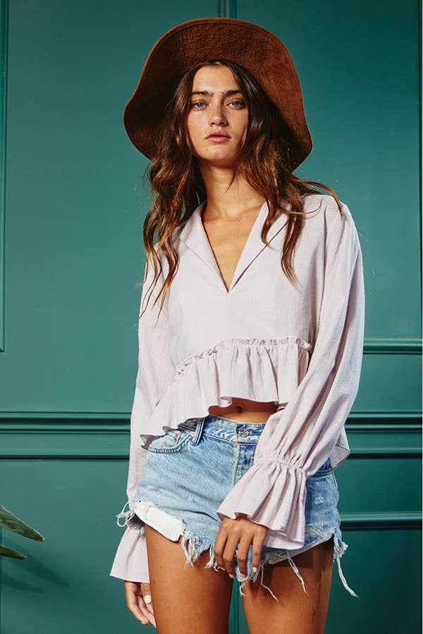 Long Poet Sleeve Ruffled Detail Crop Top