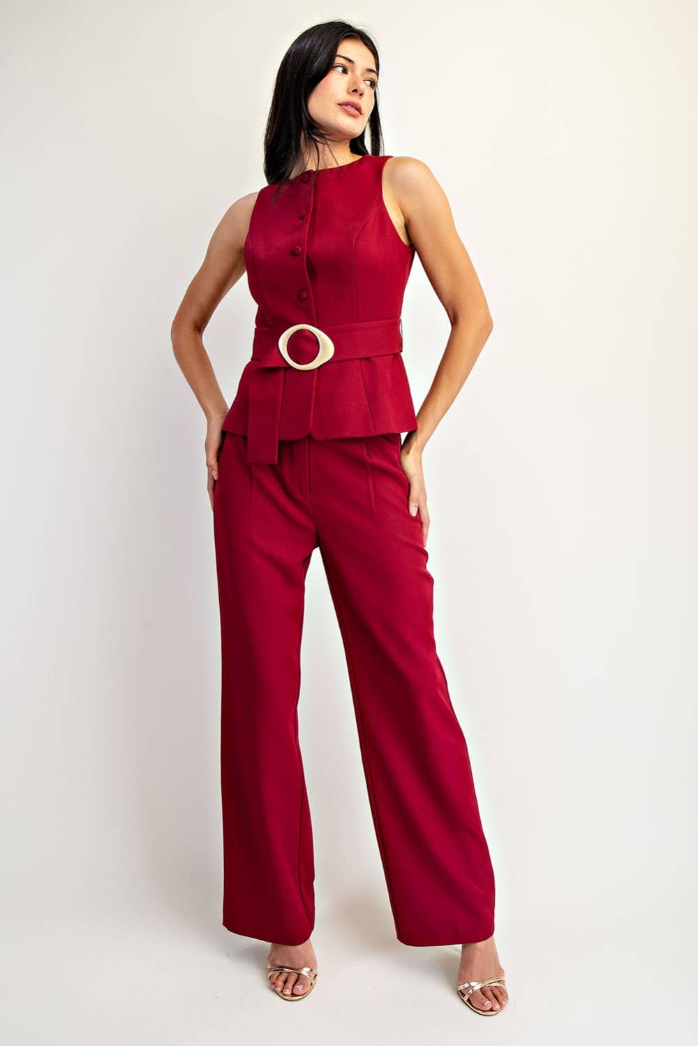 Sleeveless Belted Button Detail Woven Vest