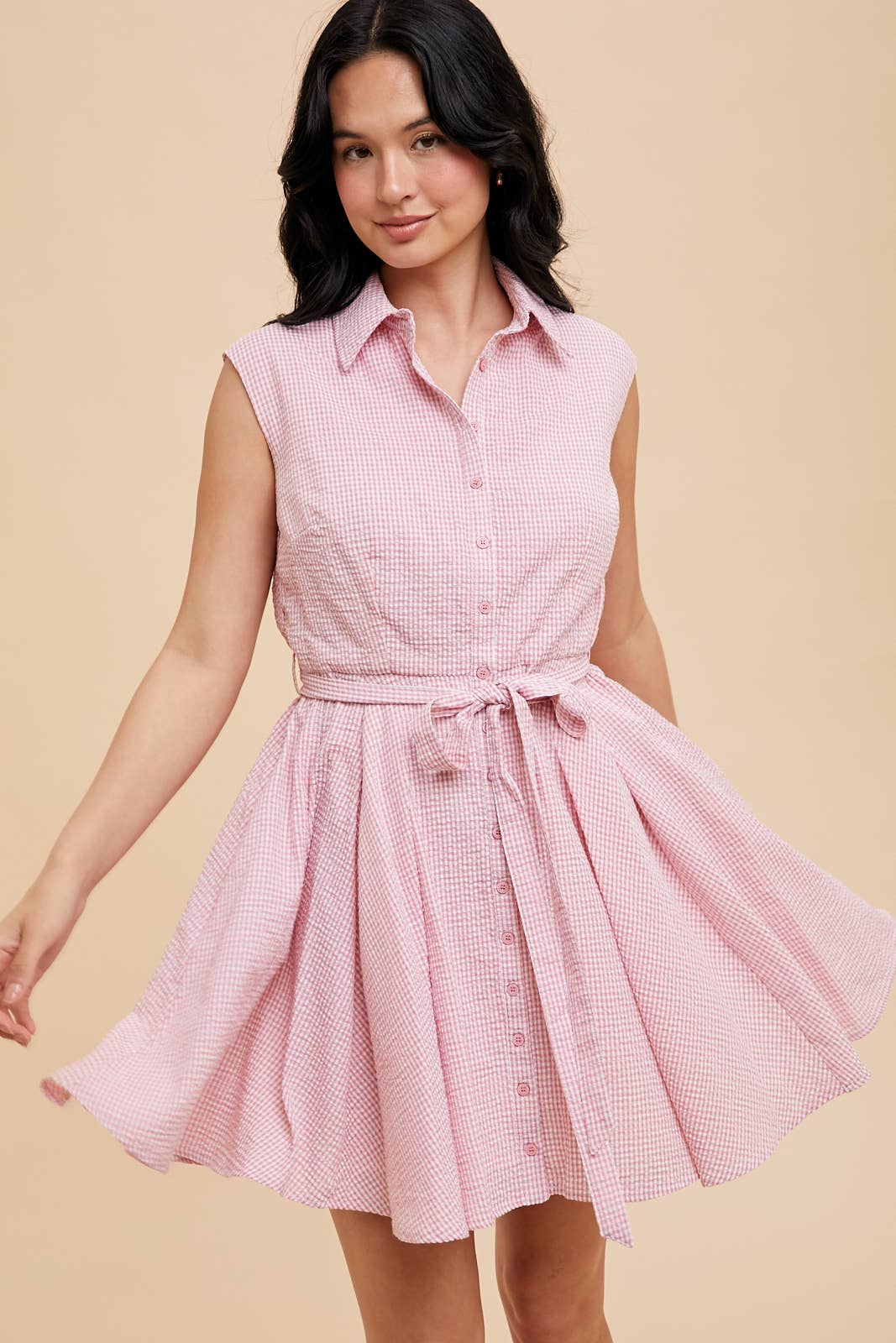 SEERSUCKER SLEEVELESS LAPEL MINI DRESS
