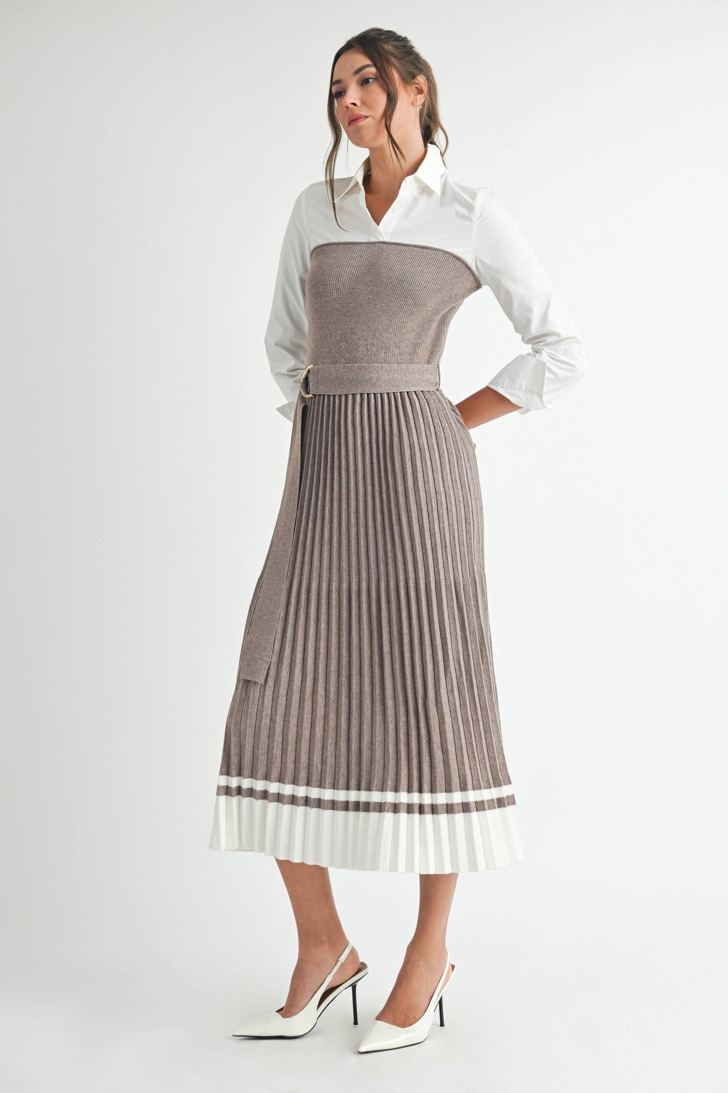Endless Blu - Pleated Sweater Shirt Midi Dress