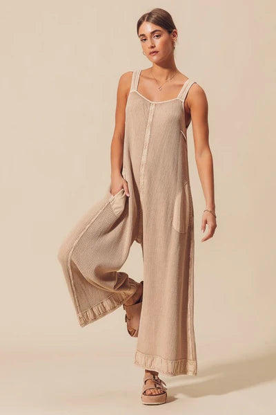 So Me Thermal Waffle Wide Leg Tan Overalls