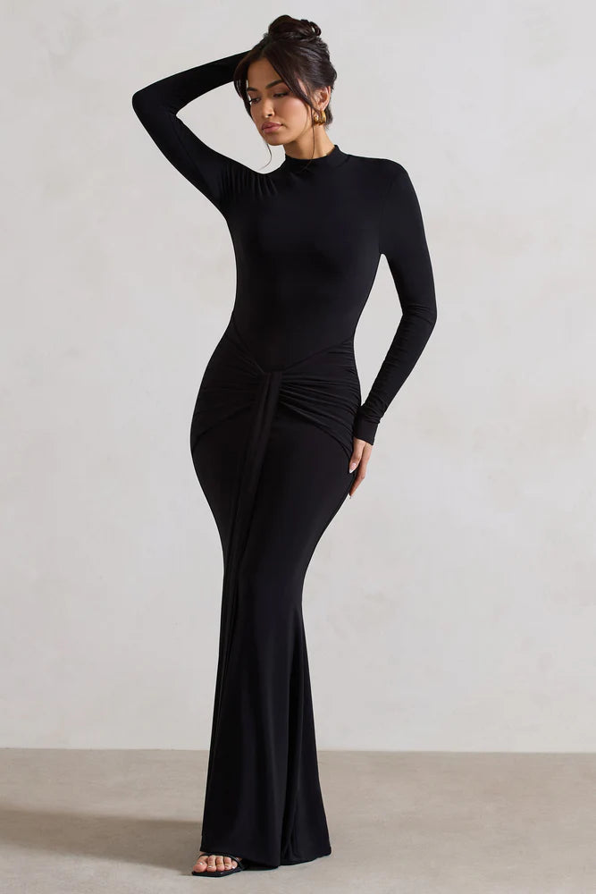 BLACK HIGH-NECK LONG SLEEVE KNOT MAXI DRESS