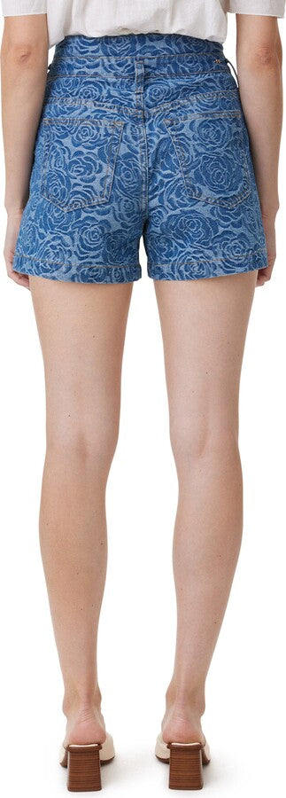 Jacquard Rose Pleated High Waist Denim Shorts