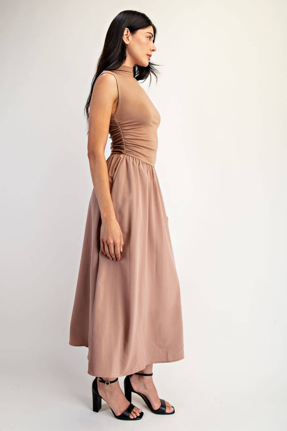 Sleeveless High Neck Ruched Midi Dress with Pockets