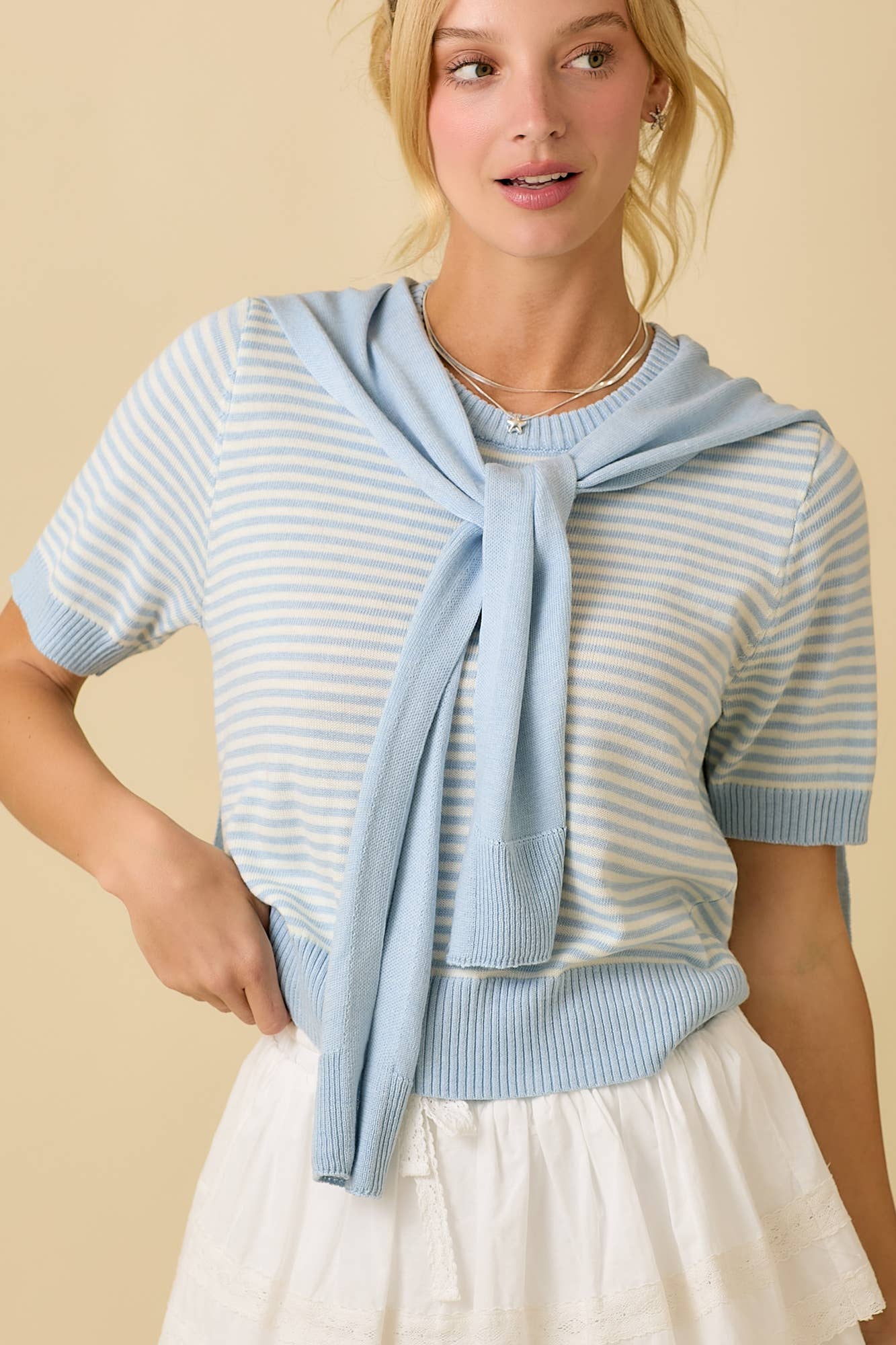 Main Strip - Sweater Shawl Wrap Set With Stripe Knit Top