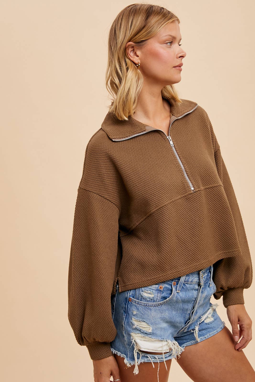In Loom - COTTON THERMAL CROPPED HALF ZIP PULLOVER