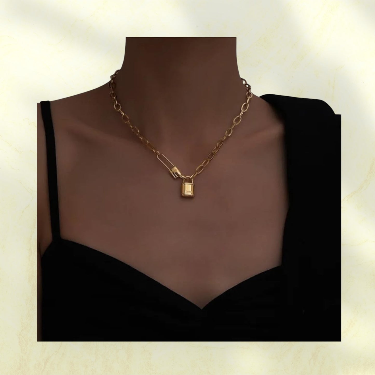 Gold Stainless Steel Paperclip Chain Necklace with Lock Pendant – “Love” Engraving – Adjustable Clavicle Choker