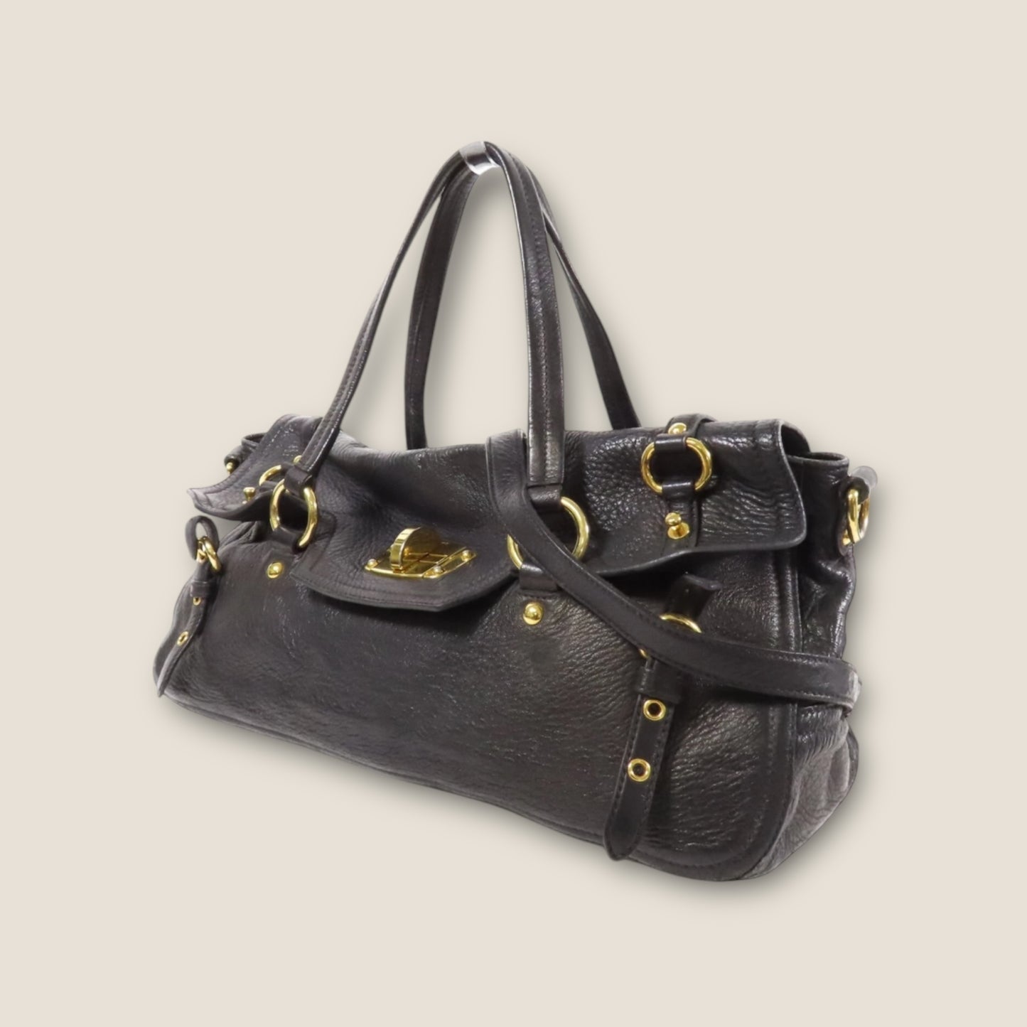Miu Miu Black Calfskin Leather 2-Way Shoulder Bag with Gold Hardware