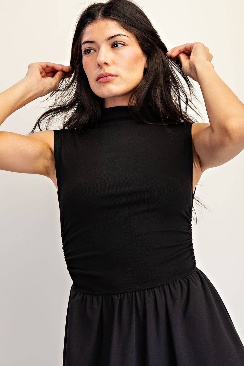 Sleeveless High Neck Ruched Midi Dress with Pockets