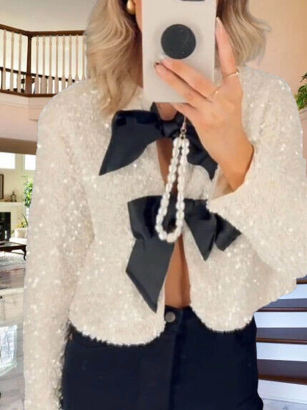 Sequin-Embellished Bow-Tie Statement Top”