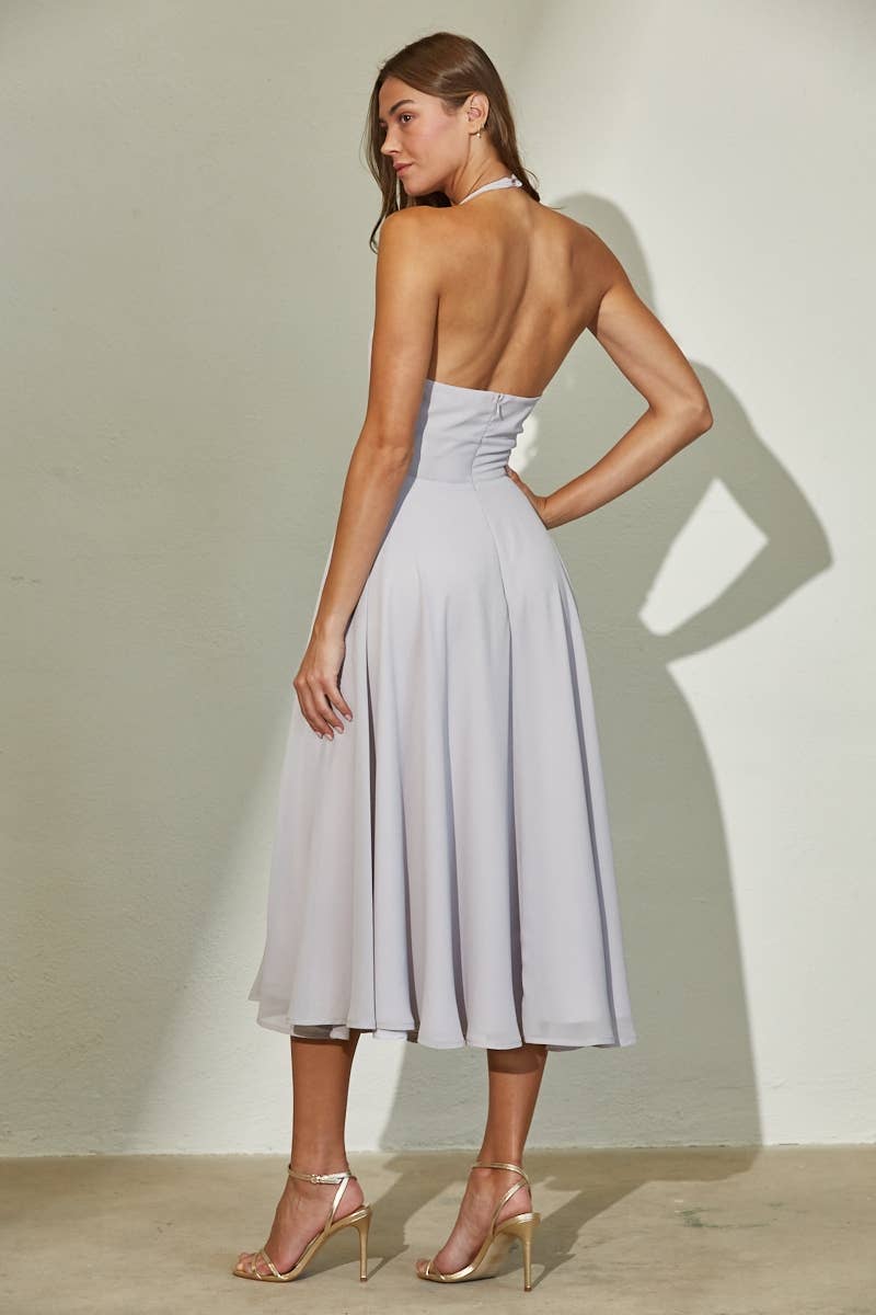 Plunge Neckline Halter Flare Chiffon Midi Dress