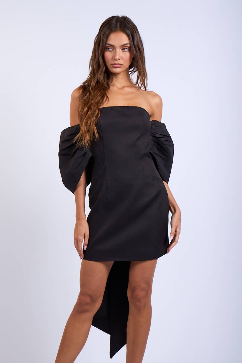 OFF-SHOULDER BACK CHARMING RIBBON POINT MINI DRESS