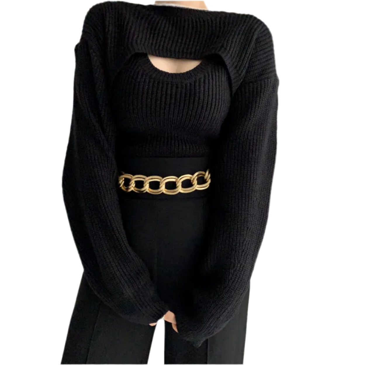 Two piece Set Knit Vest & Long Sleeve Smock Crop Top