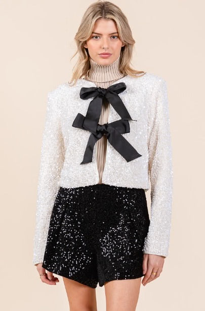 Sequin-Embellished Bow-Tie Statement Top”