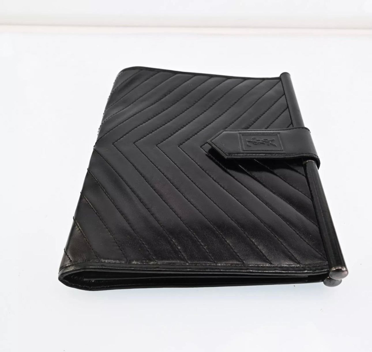 Yves Saint Laurent YSL Black Chevron Leather Clutch Bag