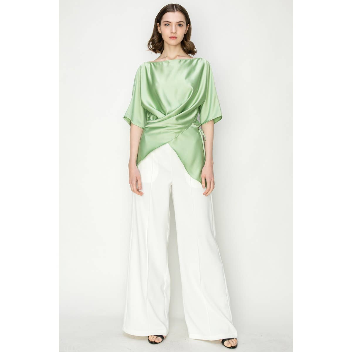 Satin Short Sleeve Side WrapTie Blouse