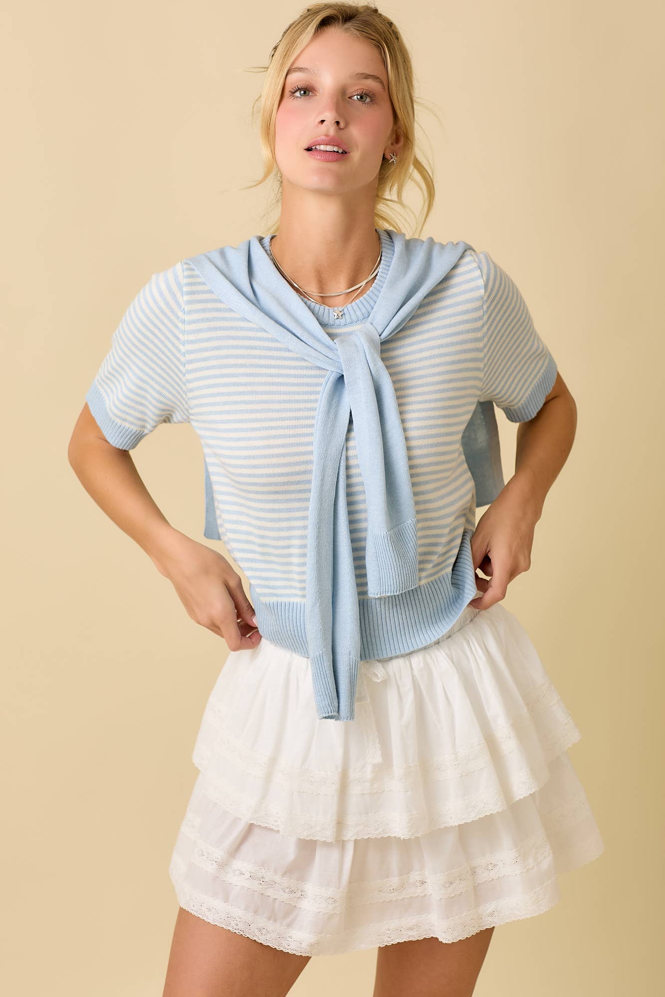 Main Strip - Sweater Shawl Wrap Set With Stripe Knit Top