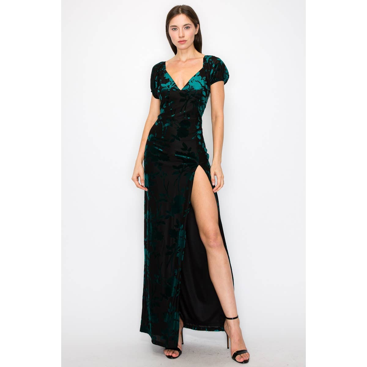 INA - Burn out velvet floral print high slit maxi dress