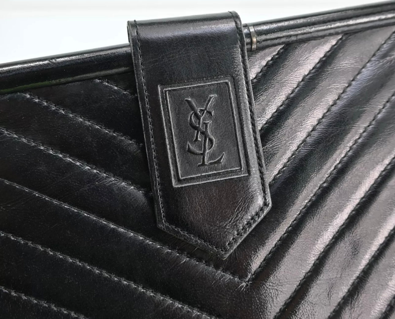 Yves Saint Laurent YSL Black Chevron Leather Clutch Bag