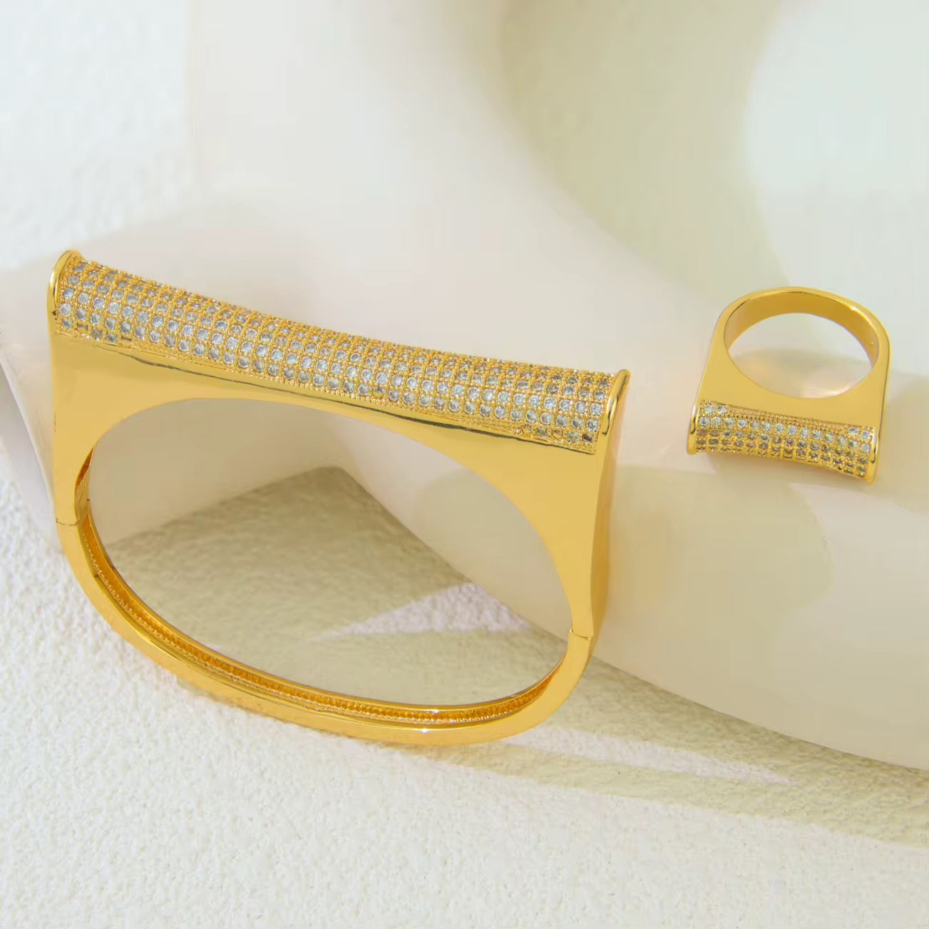 D-Shaped Pavé Bracelet & Ring Set – 18K Gold Plated Zircon