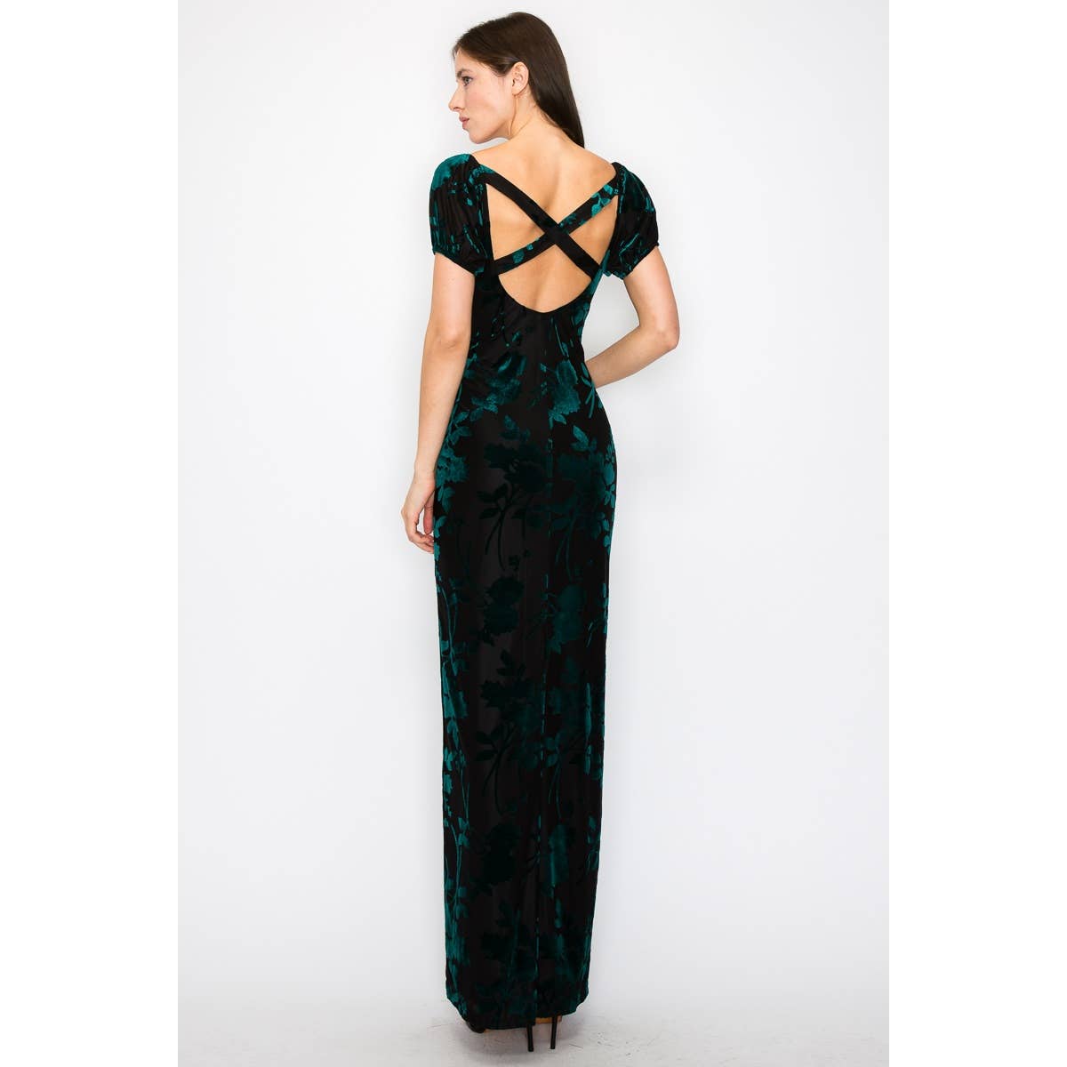 INA - Burn out velvet floral print high slit maxi dress