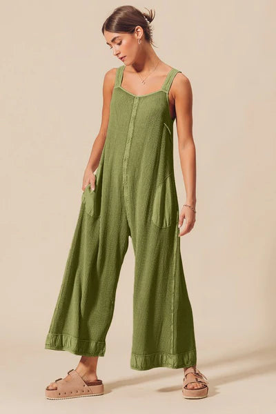 So Me Thermal Waffle Wide Leg Olive Overalls