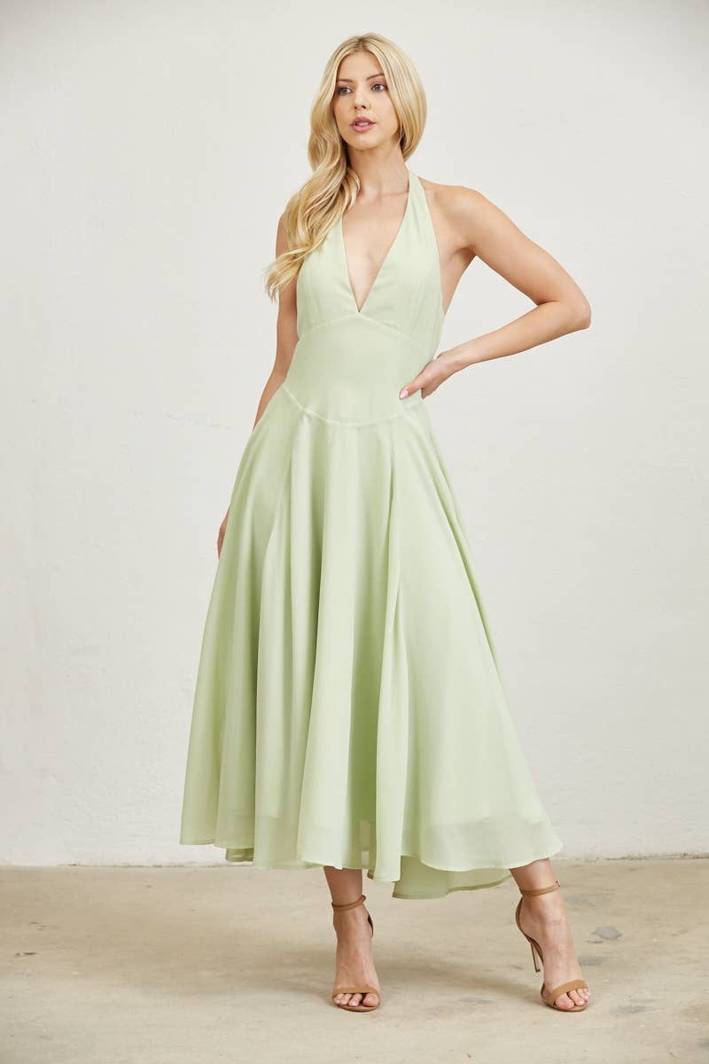 Plunge Neckline Halter Flare Chiffon Midi Dress