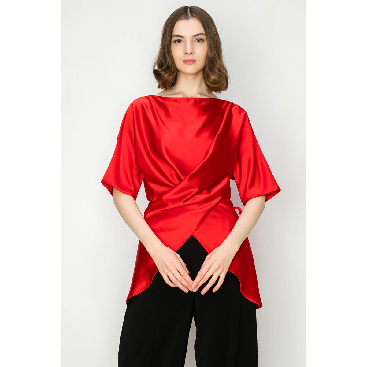 Satin Short Sleeve Side WrapTie Blouse