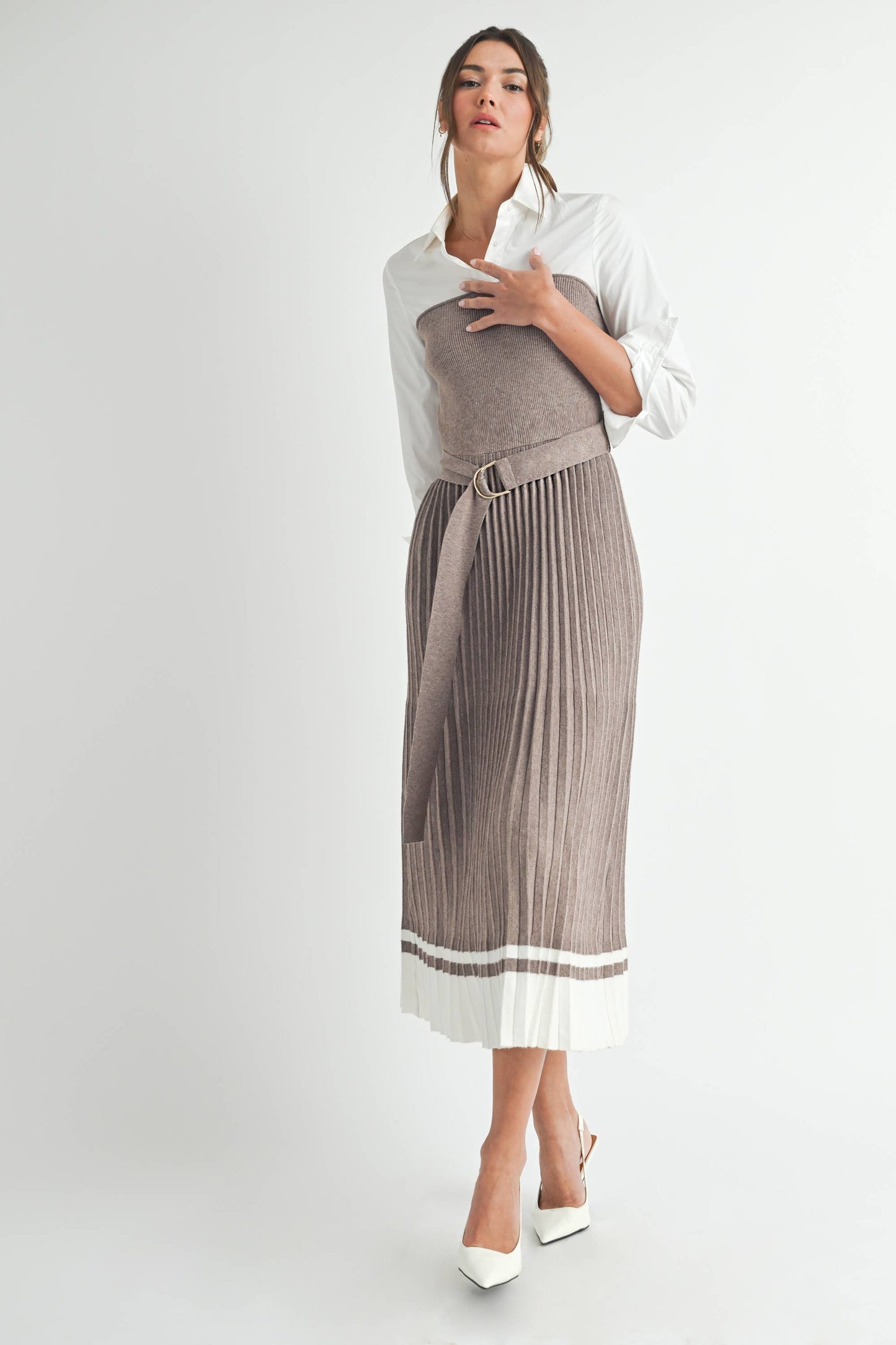 Endless Blu - Pleated Sweater Shirt Midi Dress