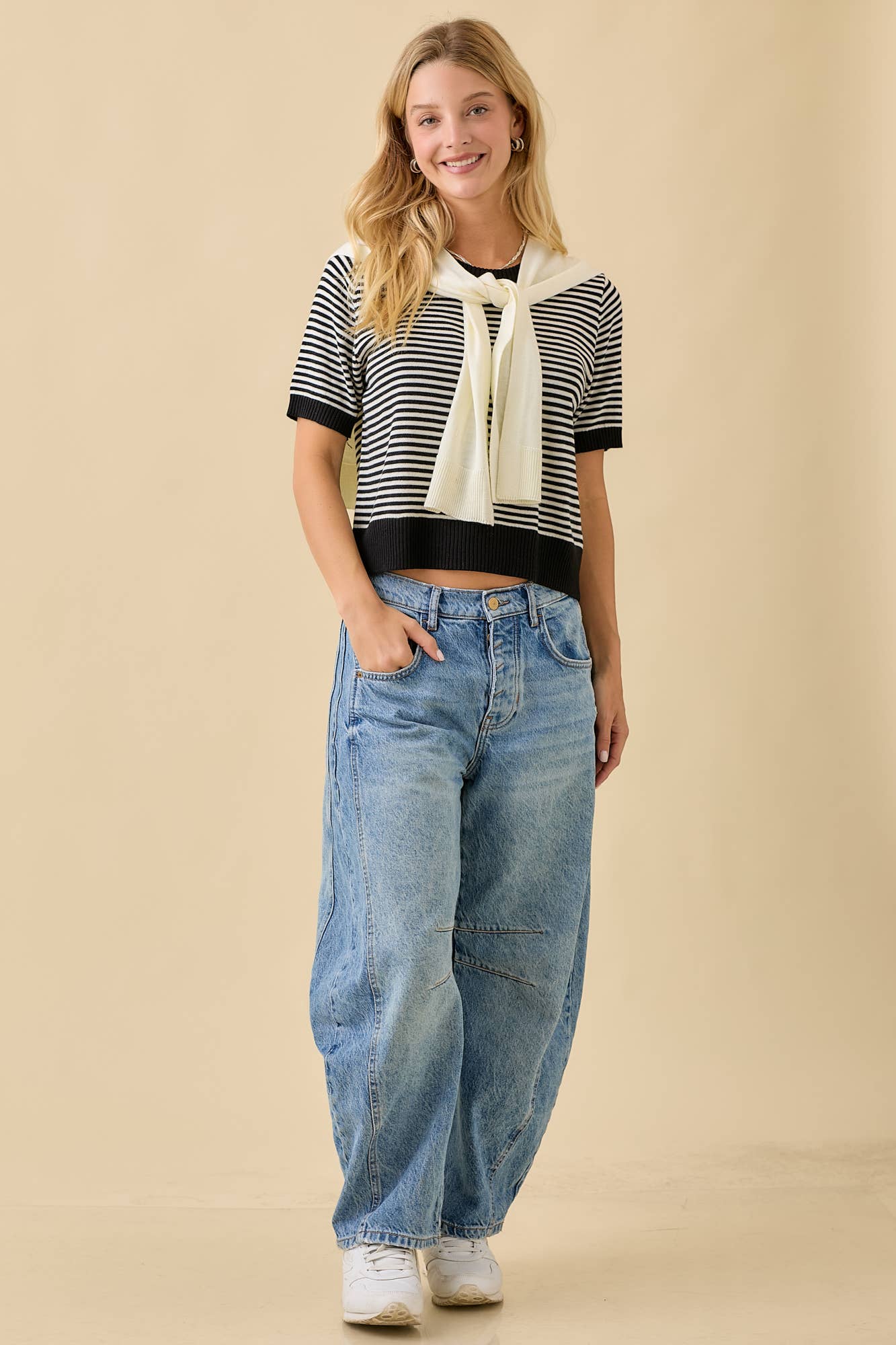 Main Strip - Sweater Shawl Wrap Set With Stripe Knit Top
