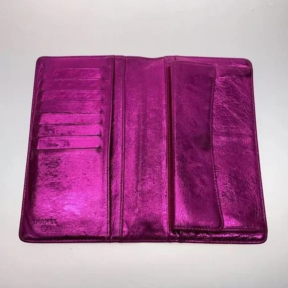 Pink Chanel Metallic Foil calfskin Leather Bow long wallet
