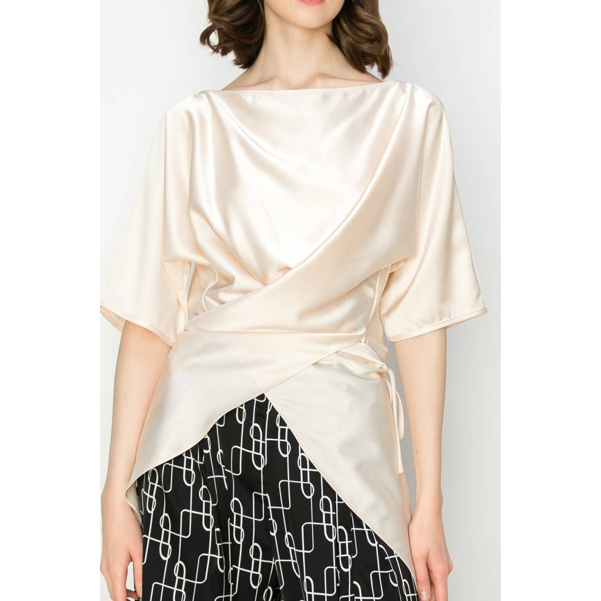 Satin Short Sleeve Side WrapTie Blouse