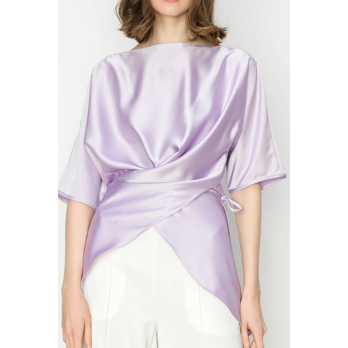 Satin Short Sleeve Side WrapTie Blouse