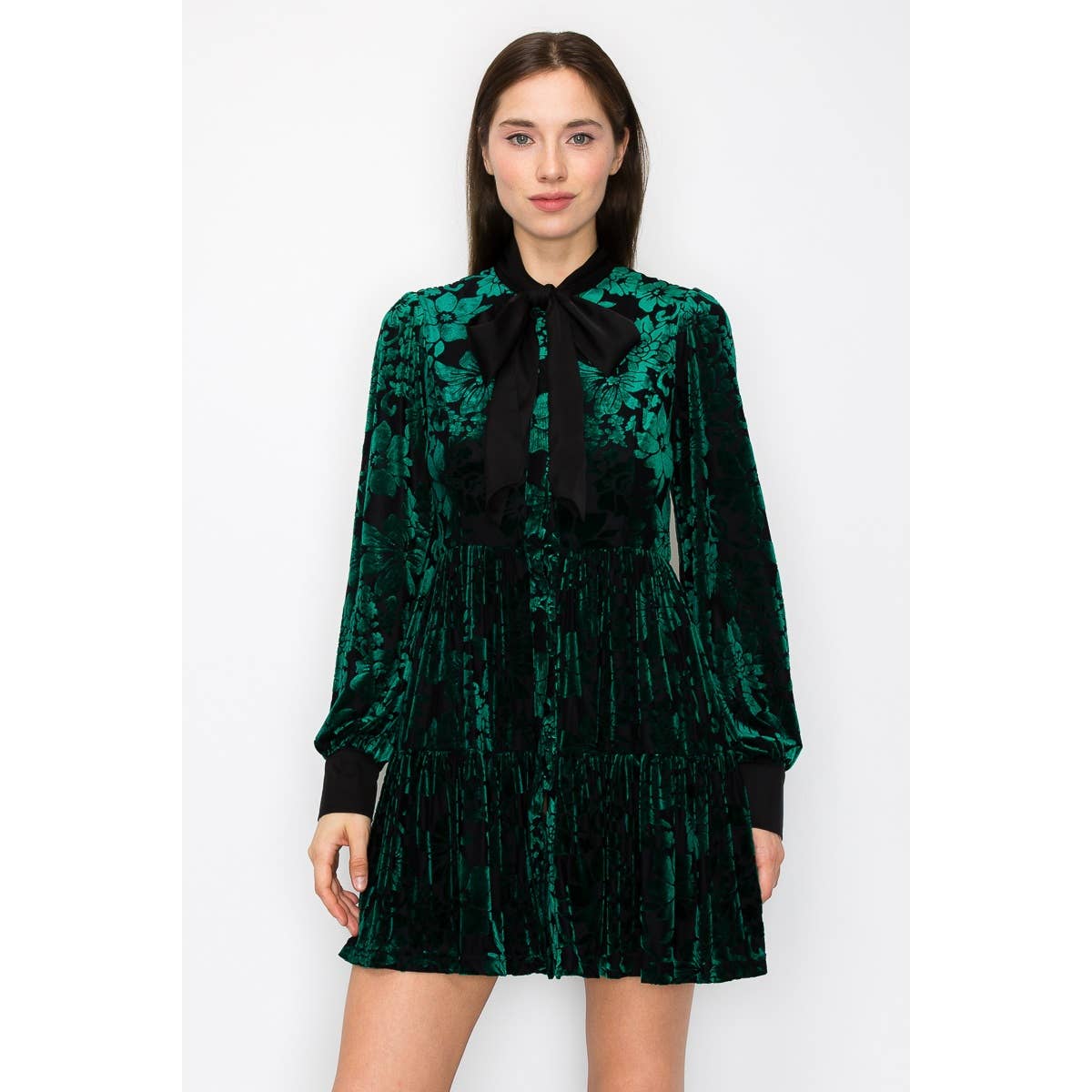 INA - Velvet Flower Burnout Satin Tie Mini Dress