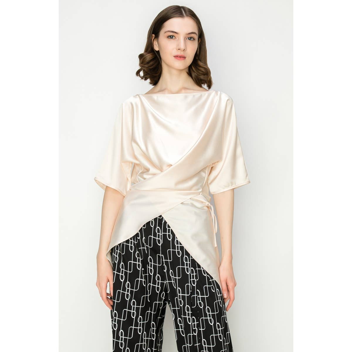Satin Short Sleeve Side WrapTie Blouse