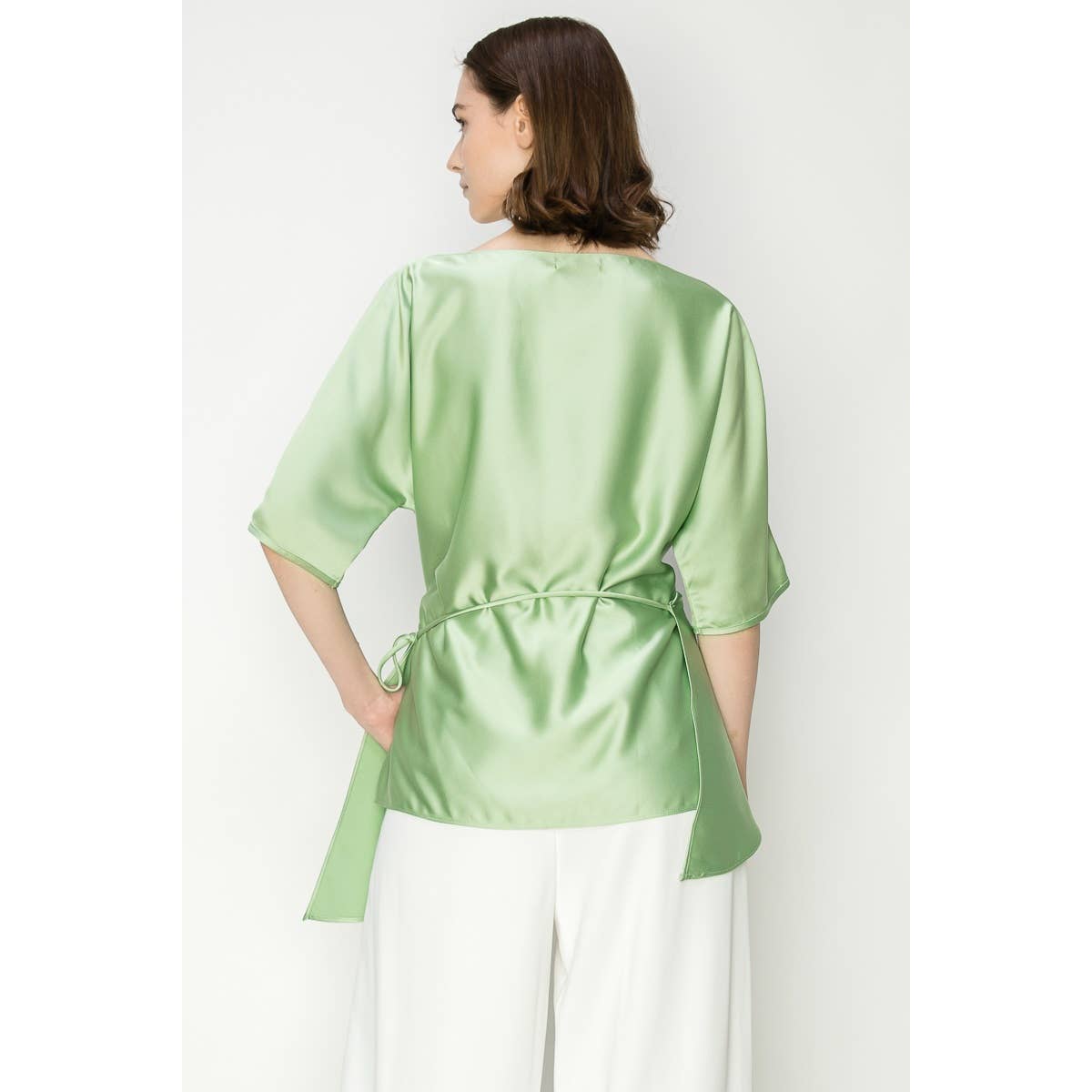 Satin Short Sleeve Side WrapTie Blouse