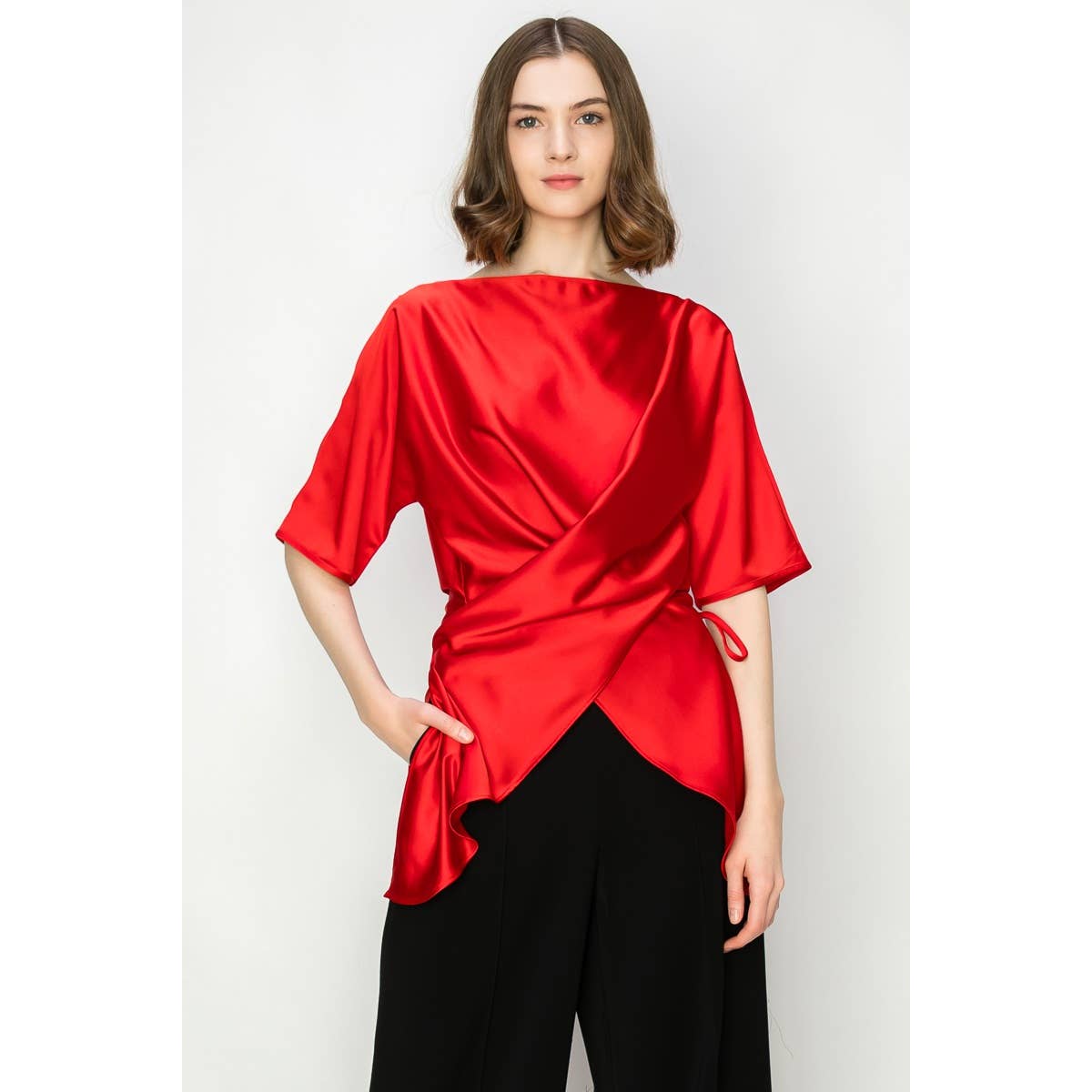 Satin Short Sleeve Side WrapTie Blouse
