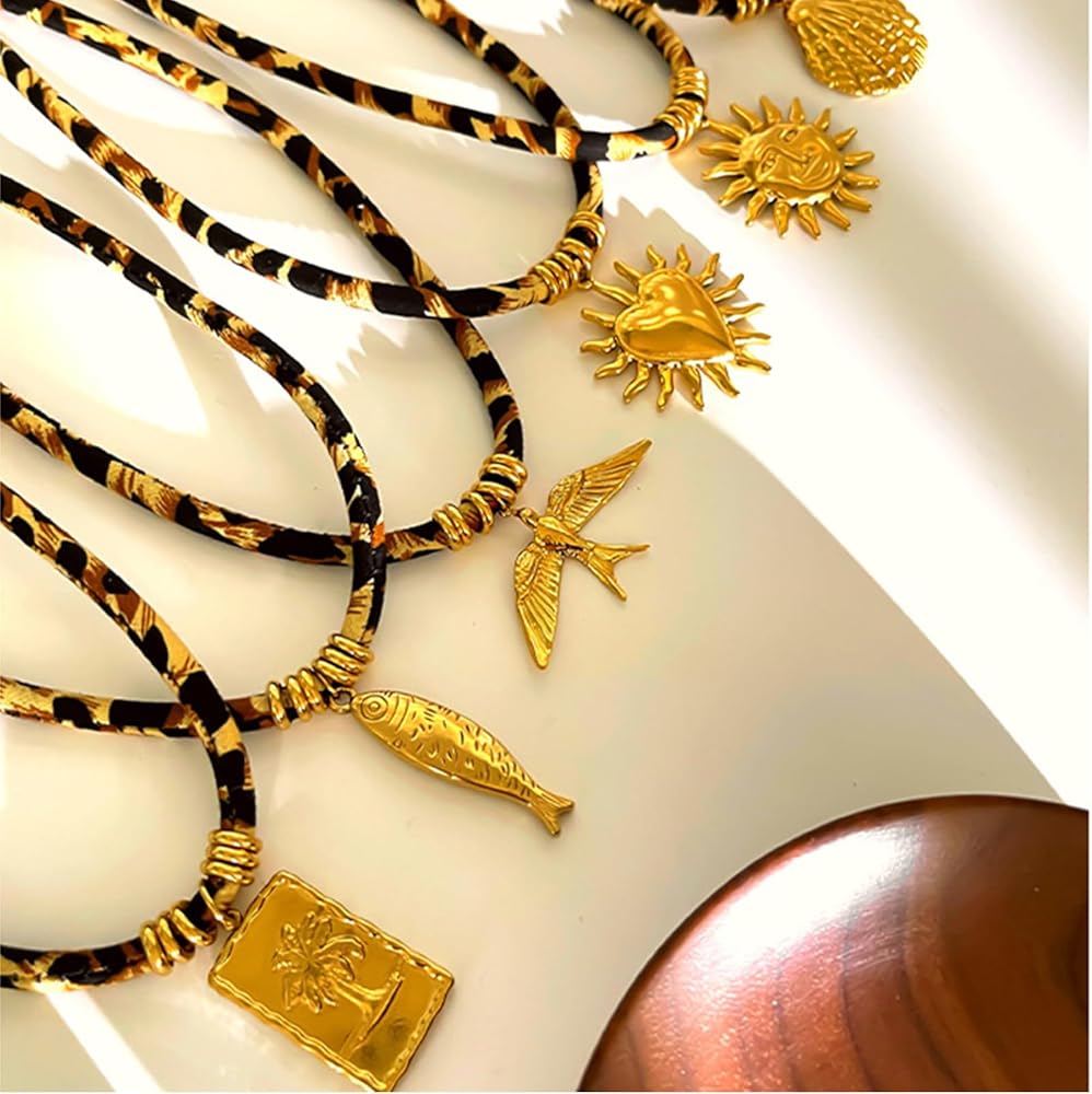Tropical Gold Pendant Leopard-Print Cord Necklaces