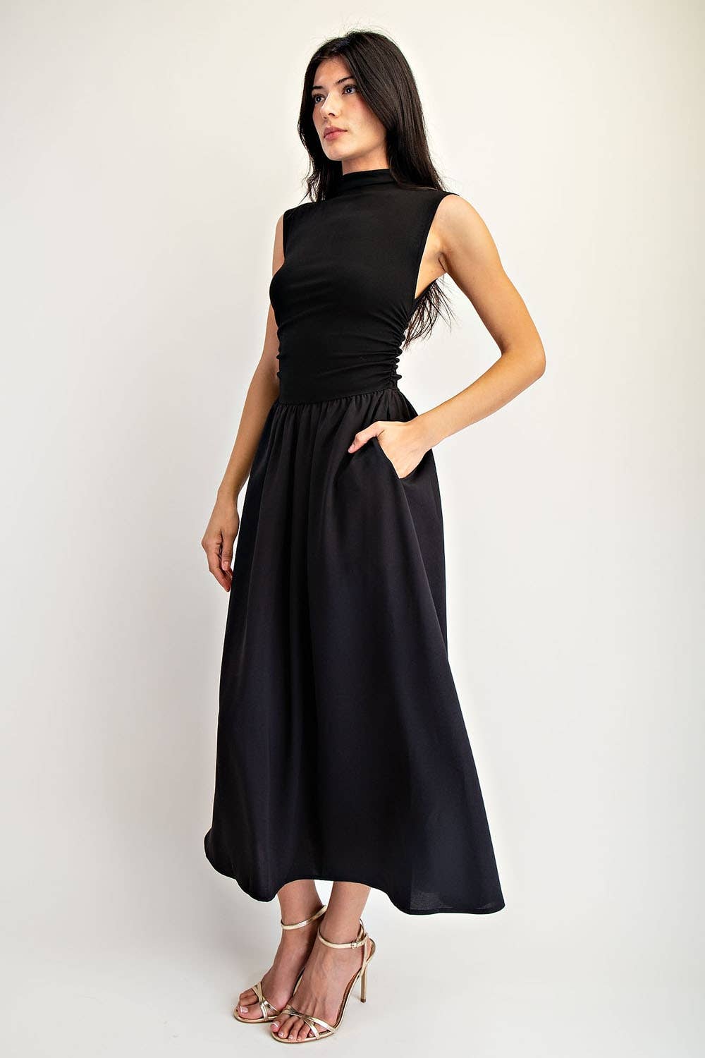 Sleeveless High Neck Ruched Midi Dress with Pockets