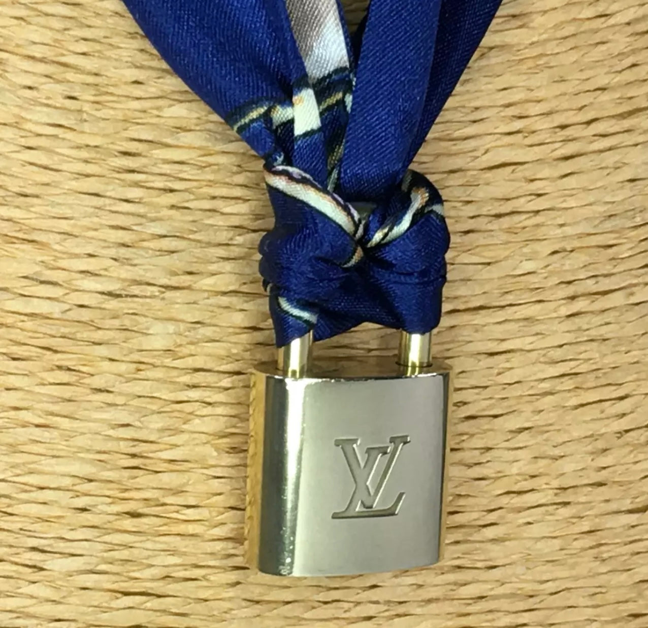 Louis Vuitton Vintage Brass Padlock Pendant on Silk Ribbon Necklace