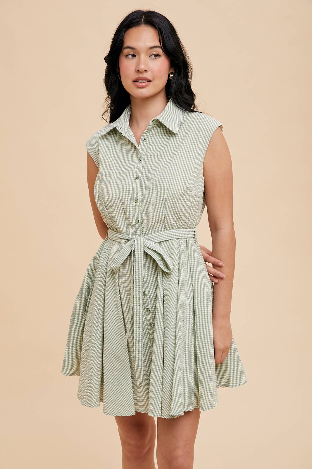 SEERSUCKER SLEEVELESS LAPEL MINI DRESS