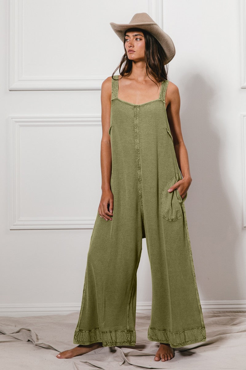 So Me Thermal Waffle Wide Leg Olive Overalls