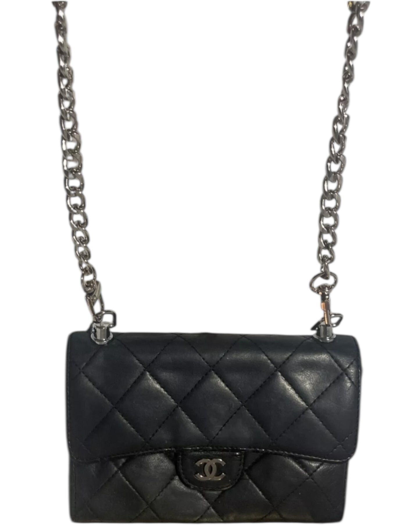 Authentic Chanel Quilted Leather Wallet on Chain – Black / Silver (Non-Chanel Chain)